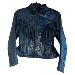 Protech Vtg‎ USA Womens Leather Moto Jacket Fringe Cutout Laceup 14 Biker